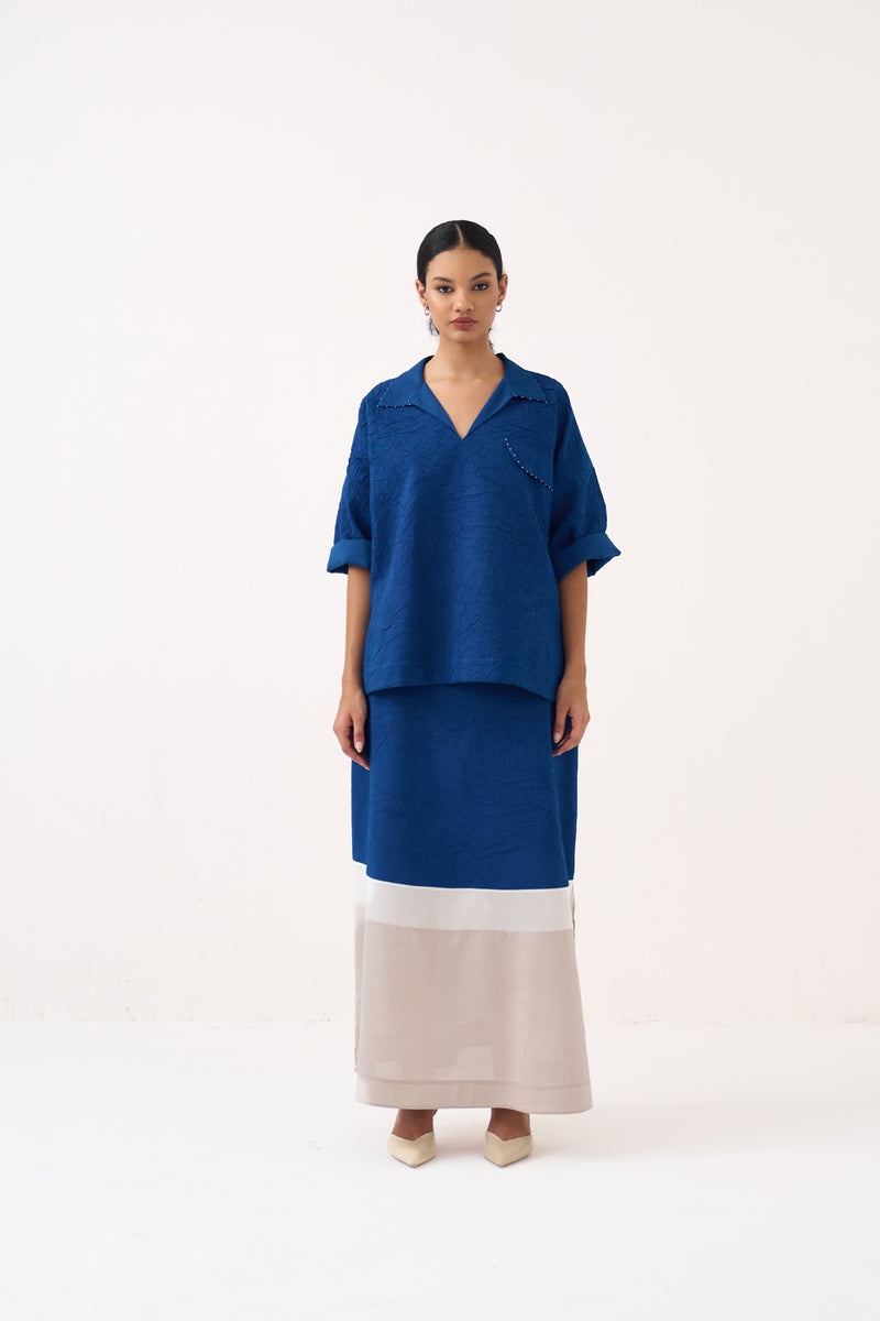 Panelled Skirt-Cobalt Blue crush hand woven mul skirt by THREE in blue for women Worldwide