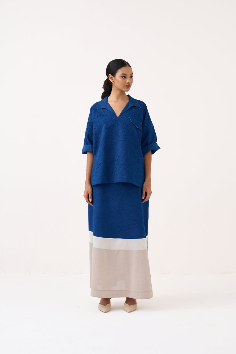 V Neck Top-Cobalt Blue crushed mul top/shirt by THREE in blue for women Worldwide
