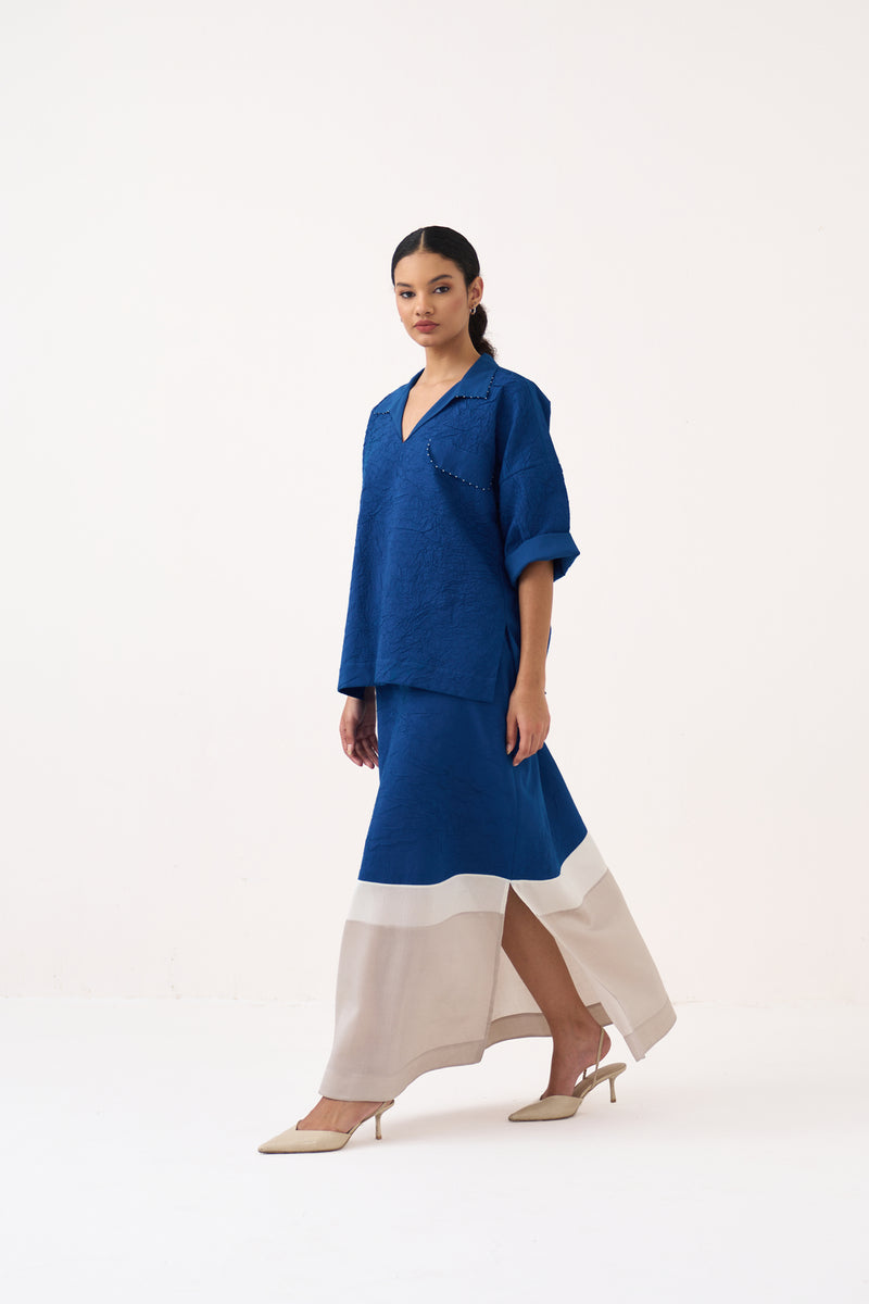 Panelled Skirt-Cobalt Blue crush hand woven mul skirt by THREE in blue for women Worldwide