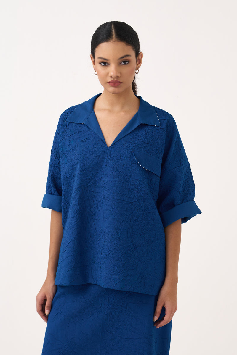 V Neck Top-Cobalt Blue crushed mul top/shirt by THREE in blue for women Worldwide