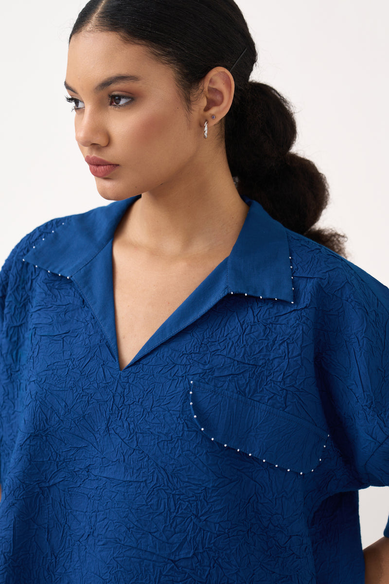 Panelled Skirt Co-Ord-Cobalt Blue textured handwoven mul co-ord set by THREE in blue for women Worldwide