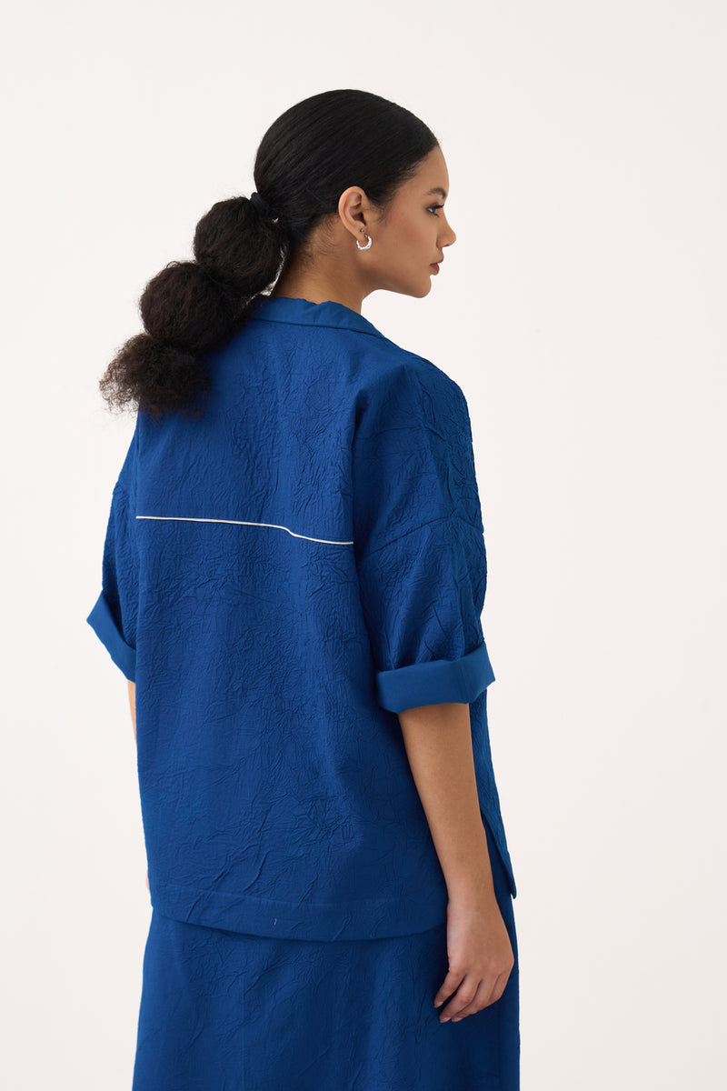 V Neck Top-Cobalt Blue crushed mul top/shirt by THREE in blue for women Worldwide