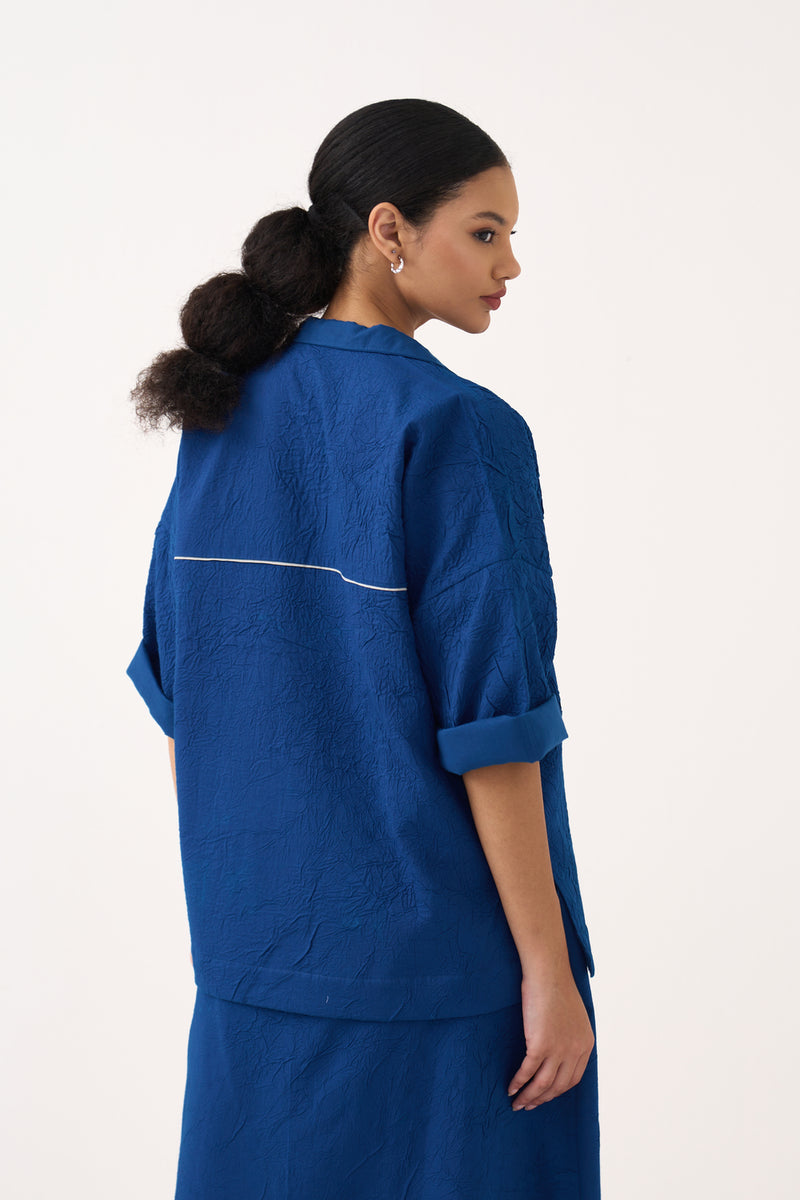 Panelled Skirt Co-Ord-Cobalt Blue textured handwoven mul co-ord set by THREE in blue for women Worldwide