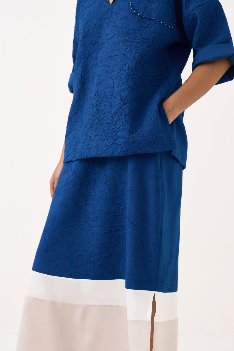 Panelled Skirt-Cobalt Blue crush hand woven mul skirt by THREE in blue for women Worldwide