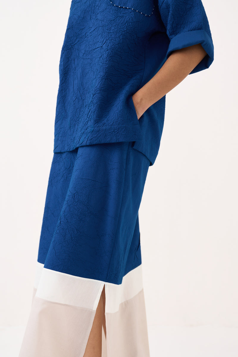 Panelled Skirt-Cobalt Blue crush hand woven mul skirt by THREE in blue for women Worldwide