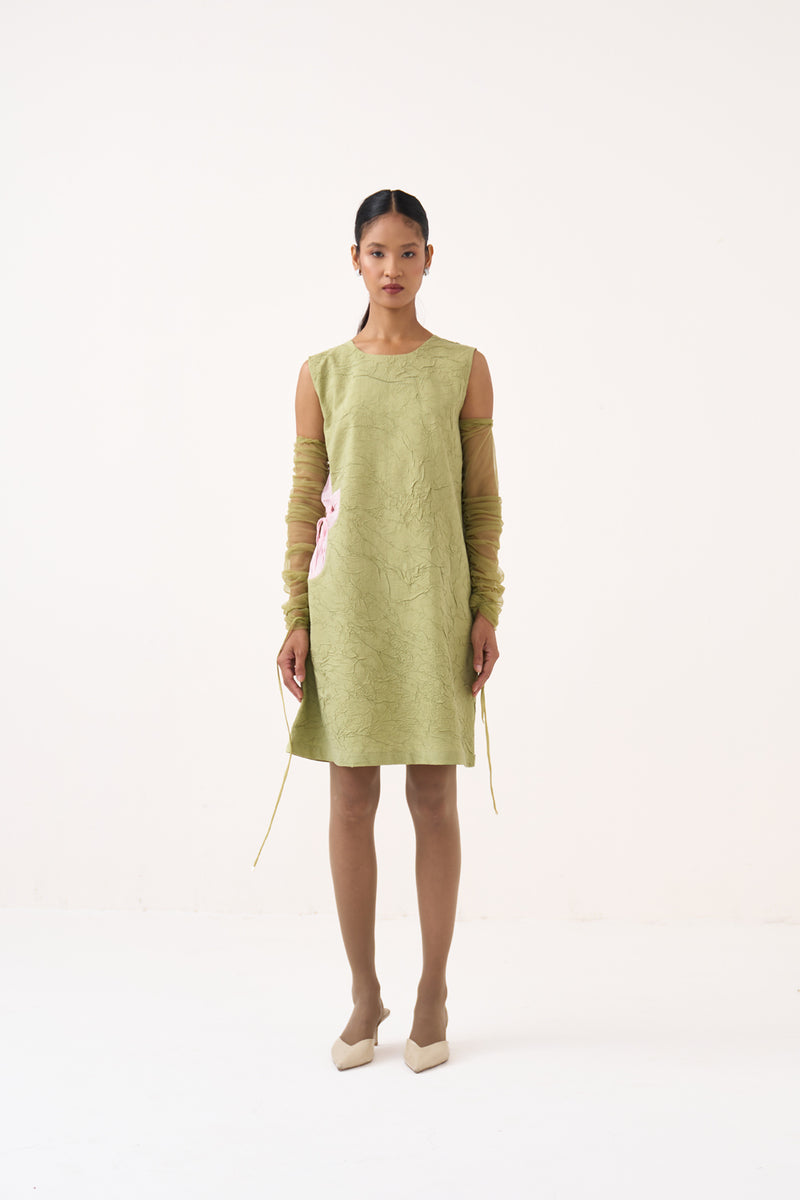 Side Floral Drawstring Shift Dress-Soft Moss crushed mul/crepe dress by THREE in soft moss for women Worldwide
