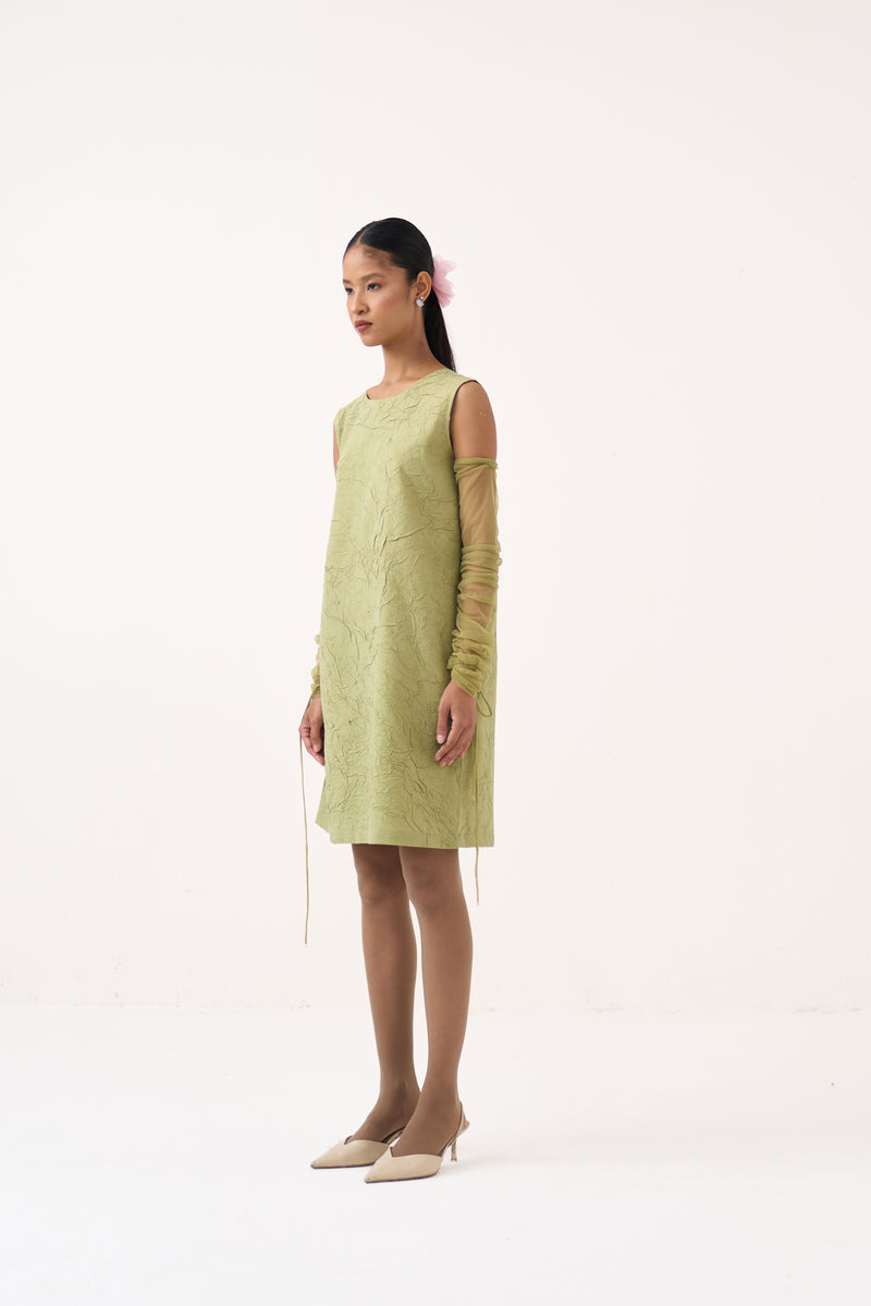 Side Floral Drawstring Shift Dress-Soft Moss crushed mul/crepe dress by THREE in soft moss for women Worldwide