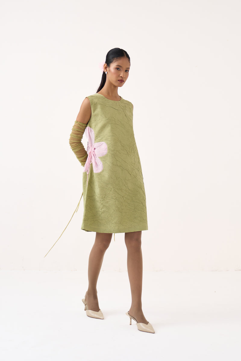 Side Floral Drawstring Shift Dress-Soft Moss crushed mul/crepe dress by THREE in soft moss for women Worldwide