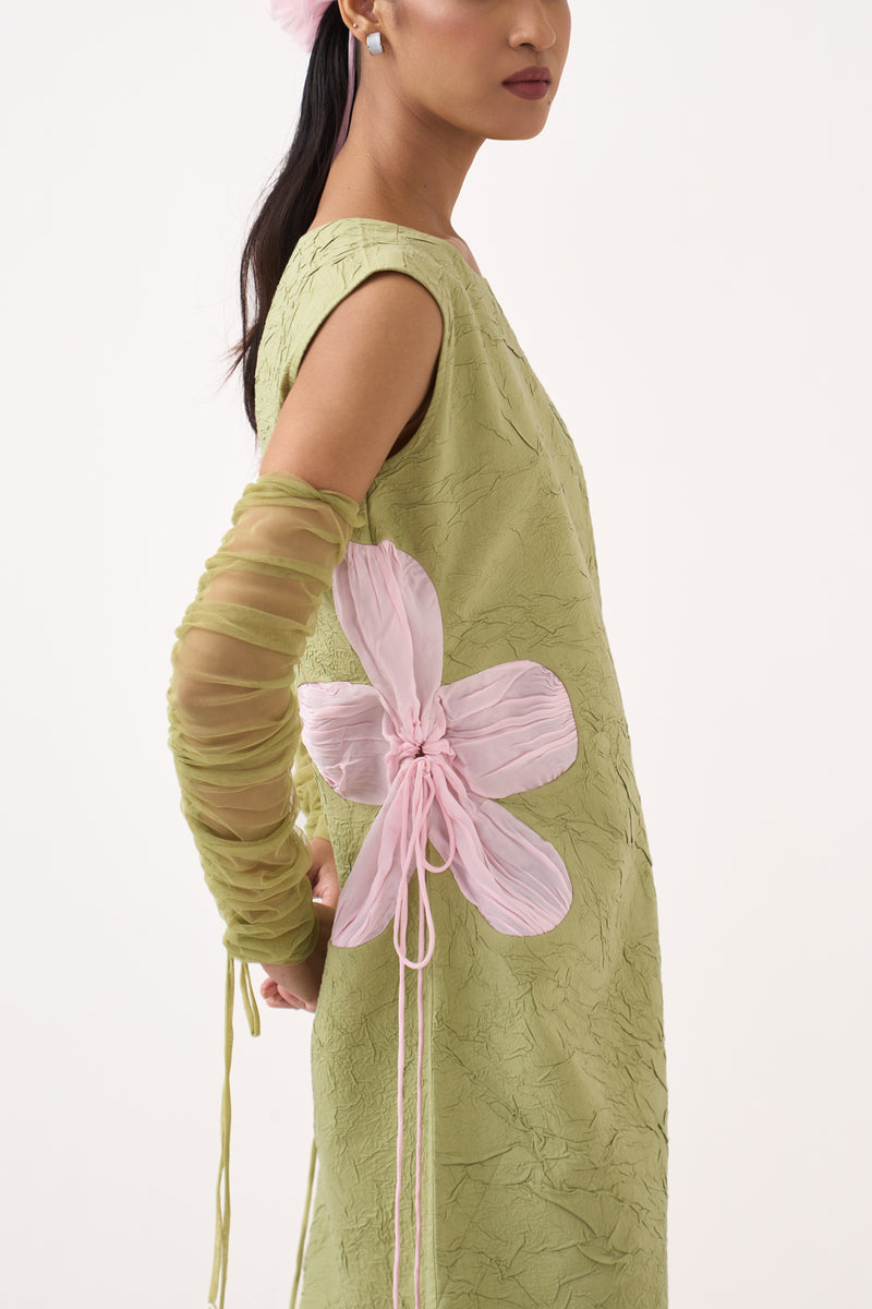 Side Floral Drawstring Shift Dress-Soft Moss crushed mul/crepe dress by THREE in soft moss for women Worldwide