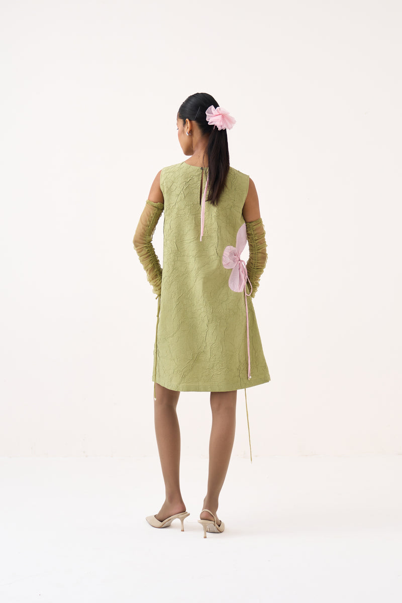 Side Floral Drawstring Shift Dress-Soft Moss crushed mul/crepe dress by THREE in soft moss for women Worldwide