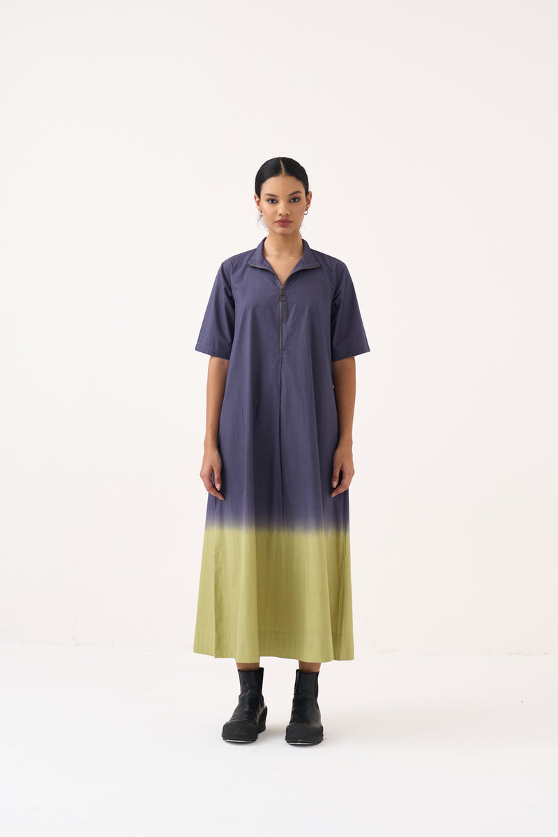 Dip Dye Turtle Neck Dress-Ash Voilet and Soft Moss poplin dress by THREE in voilet for women Worldwide
