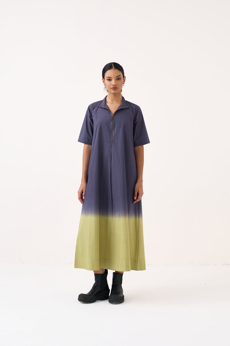 Dip Dye Turtle Neck Dress-Ash Voilet and Soft Moss poplin dress by THREE in voilet for women Worldwide