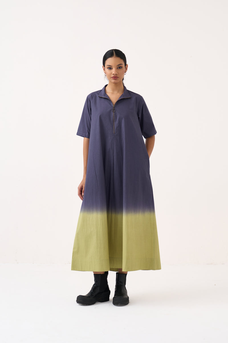 Dip Dye Turtle Neck Dress-Ash Voilet and Soft Moss poplin dress by THREE in voilet for women Worldwide