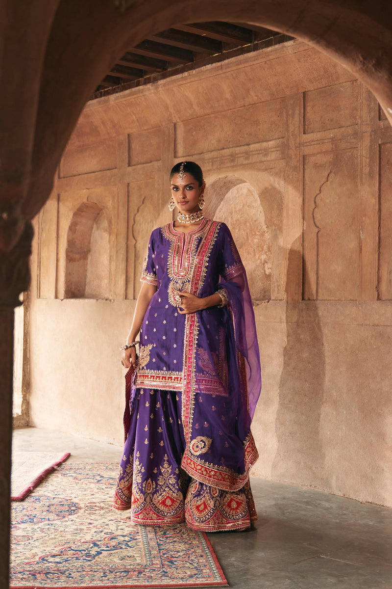 AREESHA - DEEP PURPLE SHORT KURTA WITH SHARARA AND DUPATTA silk chanderi kurta/kurta set by SHEETAL BATRA in purple for women Worldwide