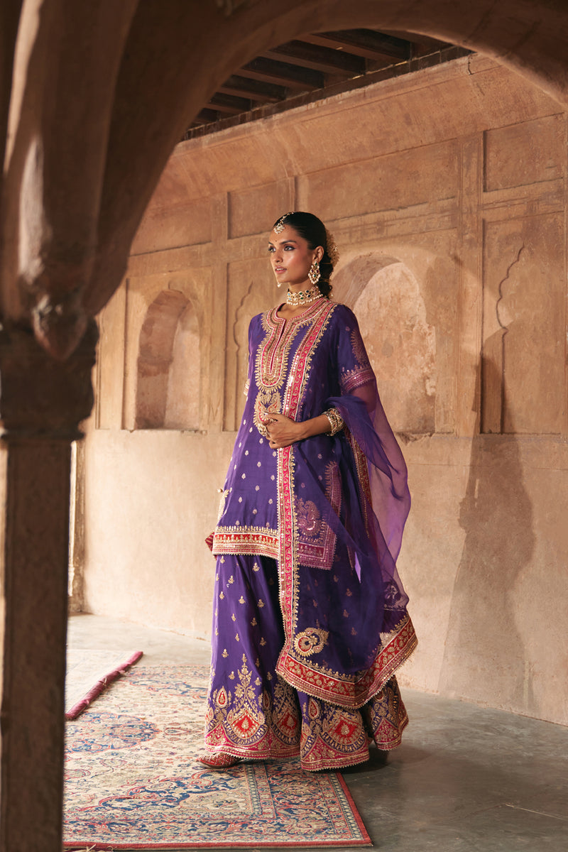 AREESHA - DEEP PURPLE SHORT KURTA WITH SHARARA AND DUPATTA silk chanderi kurta/kurta set by SHEETAL BATRA in purple for women Worldwide
