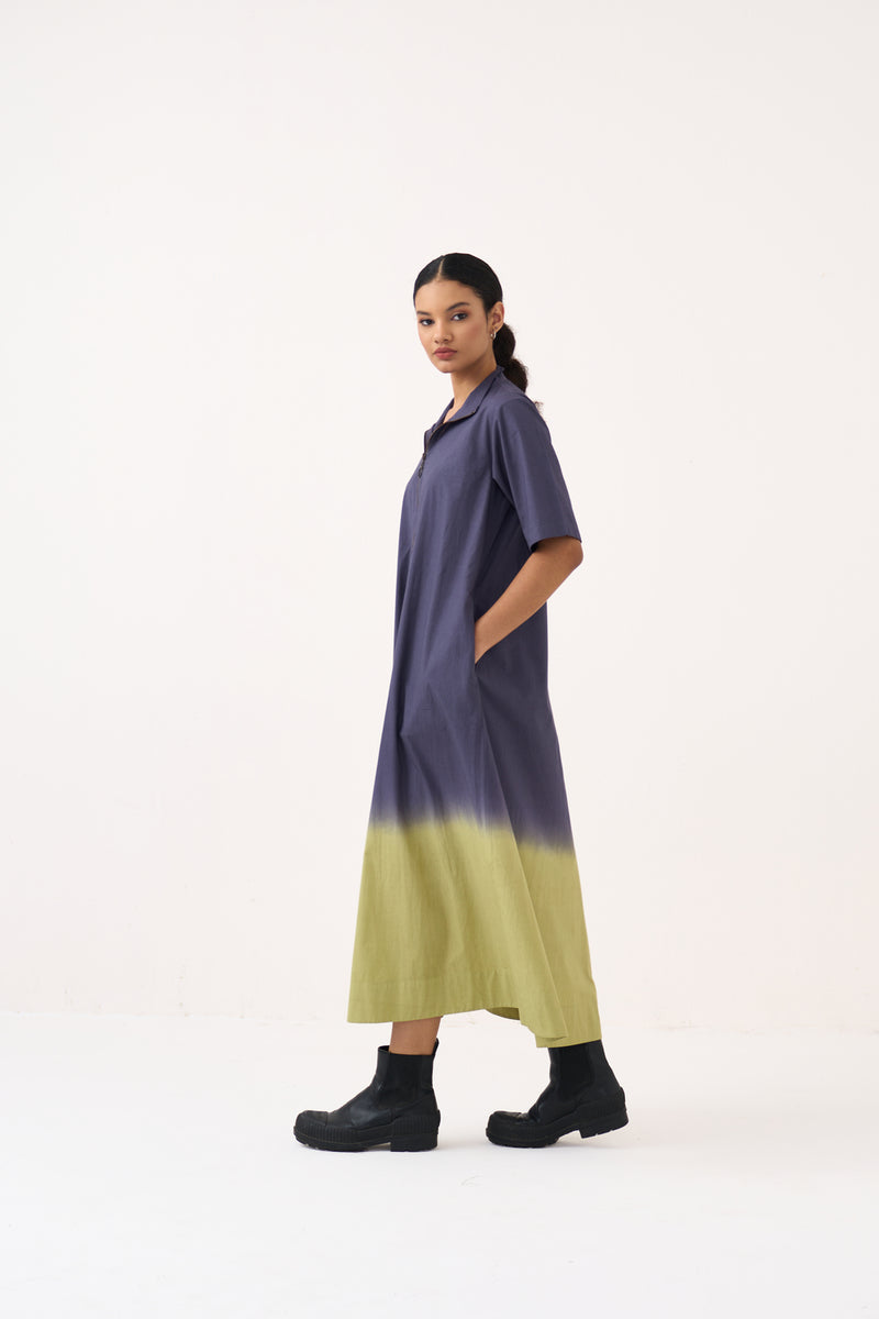 Dip Dye Turtle Neck Dress-Ash Voilet and Soft Moss poplin dress by THREE in voilet for women Worldwide