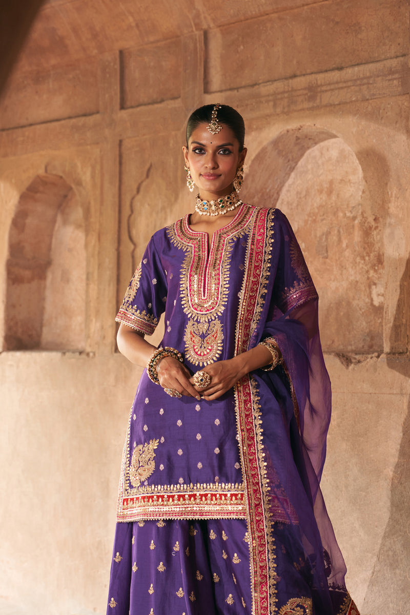 AREESHA - DEEP PURPLE SHORT KURTA WITH SHARARA AND DUPATTA silk chanderi kurta/kurta set by SHEETAL BATRA in purple for women Worldwide
