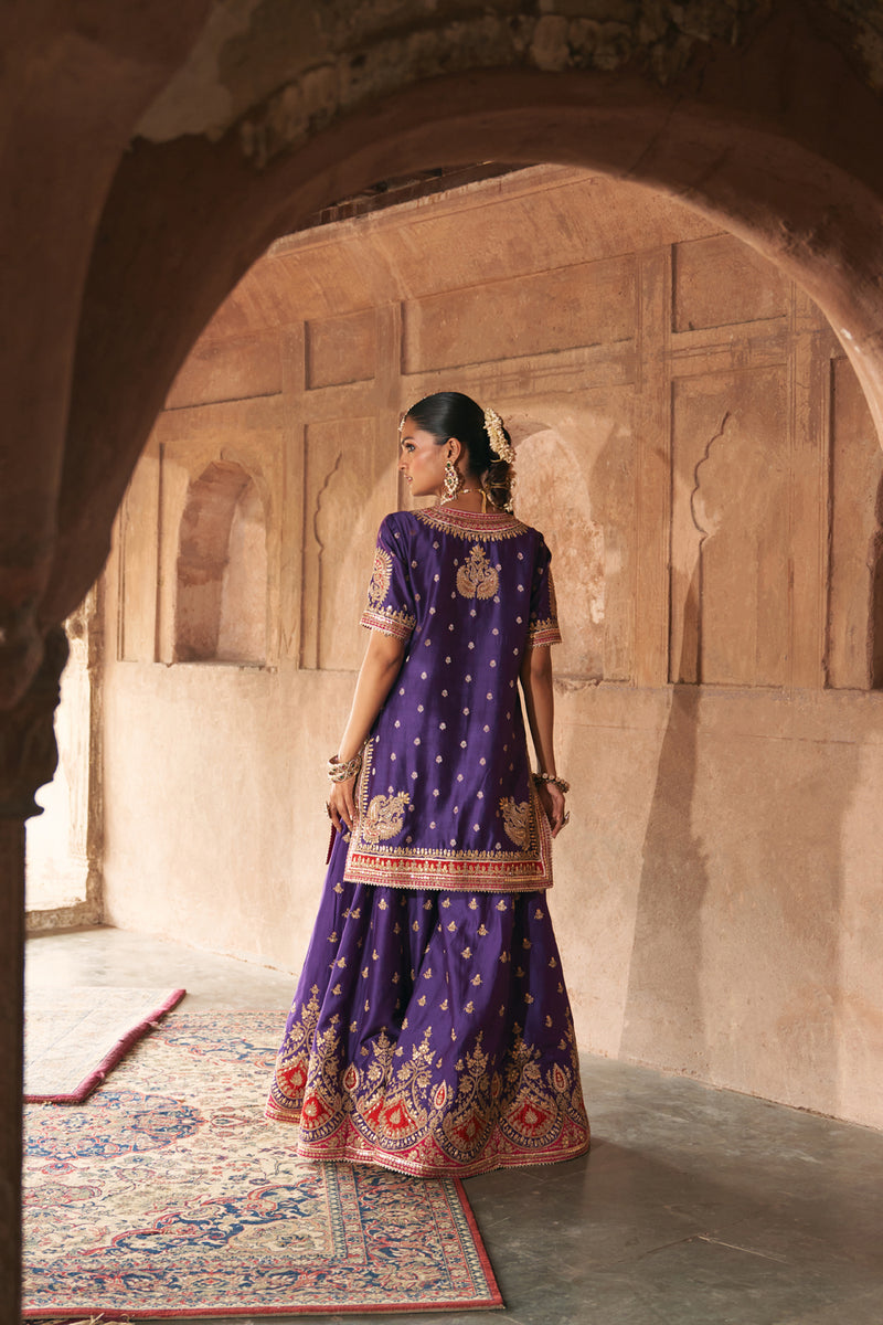 AREESHA - DEEP PURPLE SHORT KURTA WITH SHARARA AND DUPATTA silk chanderi kurta/kurta set by SHEETAL BATRA in purple for women Worldwide