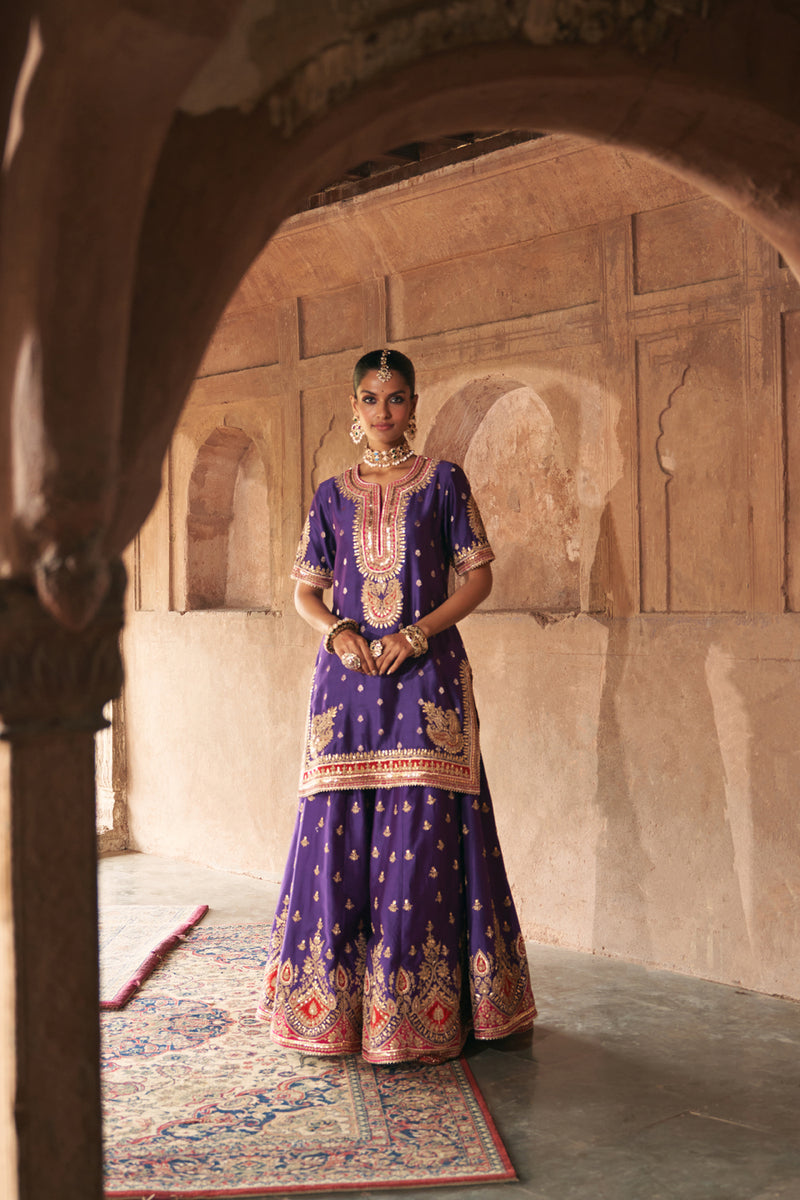 AREESHA - DEEP PURPLE SHORT KURTA WITH SHARARA AND DUPATTA silk chanderi kurta/kurta set by SHEETAL BATRA in purple for women Worldwide
