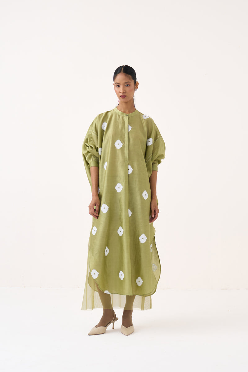 Block Print Bat Sleeve Dress (Slip Included)-Soft Moss chanderi dress by THREE in soft moss for women Worldwide