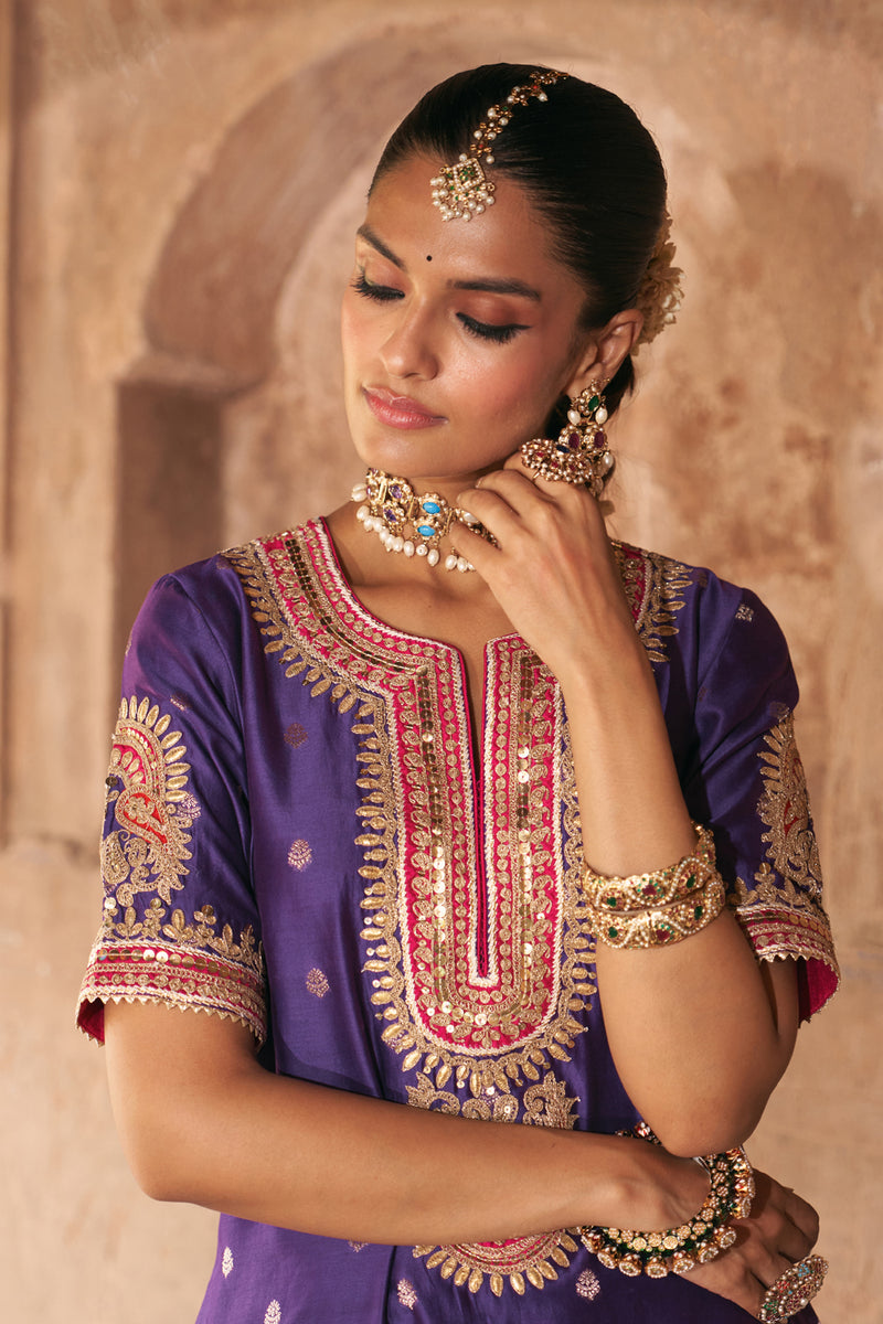 AREESHA - DEEP PURPLE SHORT KURTA WITH SHARARA AND DUPATTA silk chanderi kurta/kurta set by SHEETAL BATRA in purple for women Worldwide