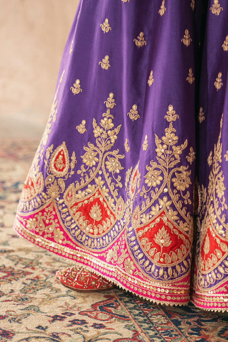 AREESHA - DEEP PURPLE SHORT KURTA WITH SHARARA AND DUPATTA silk chanderi kurta/kurta set by SHEETAL BATRA in purple for women Worldwide