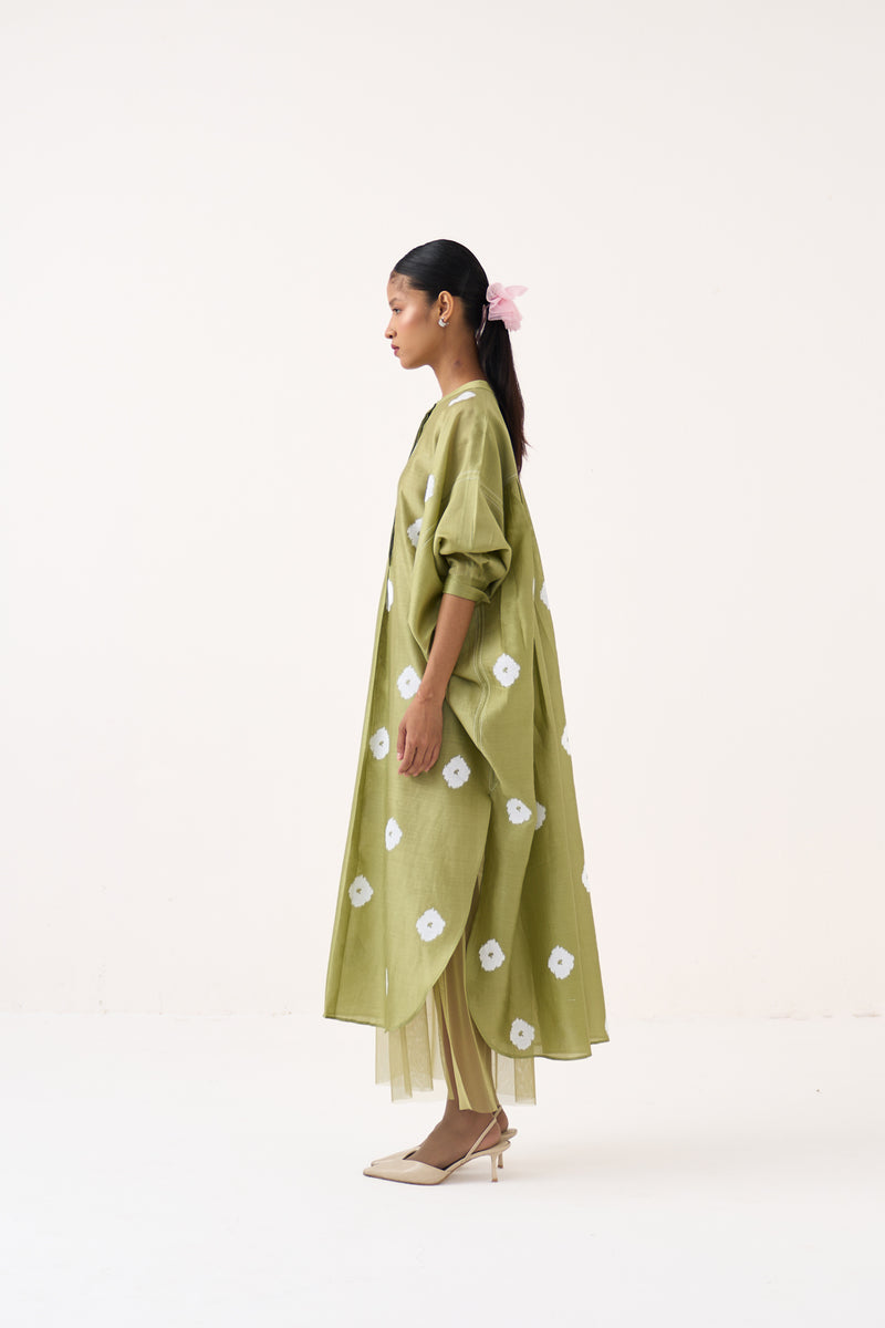 Block Print Bat Sleeve Dress (Slip Included)-Soft Moss chanderi dress by THREE in soft moss for women Worldwide