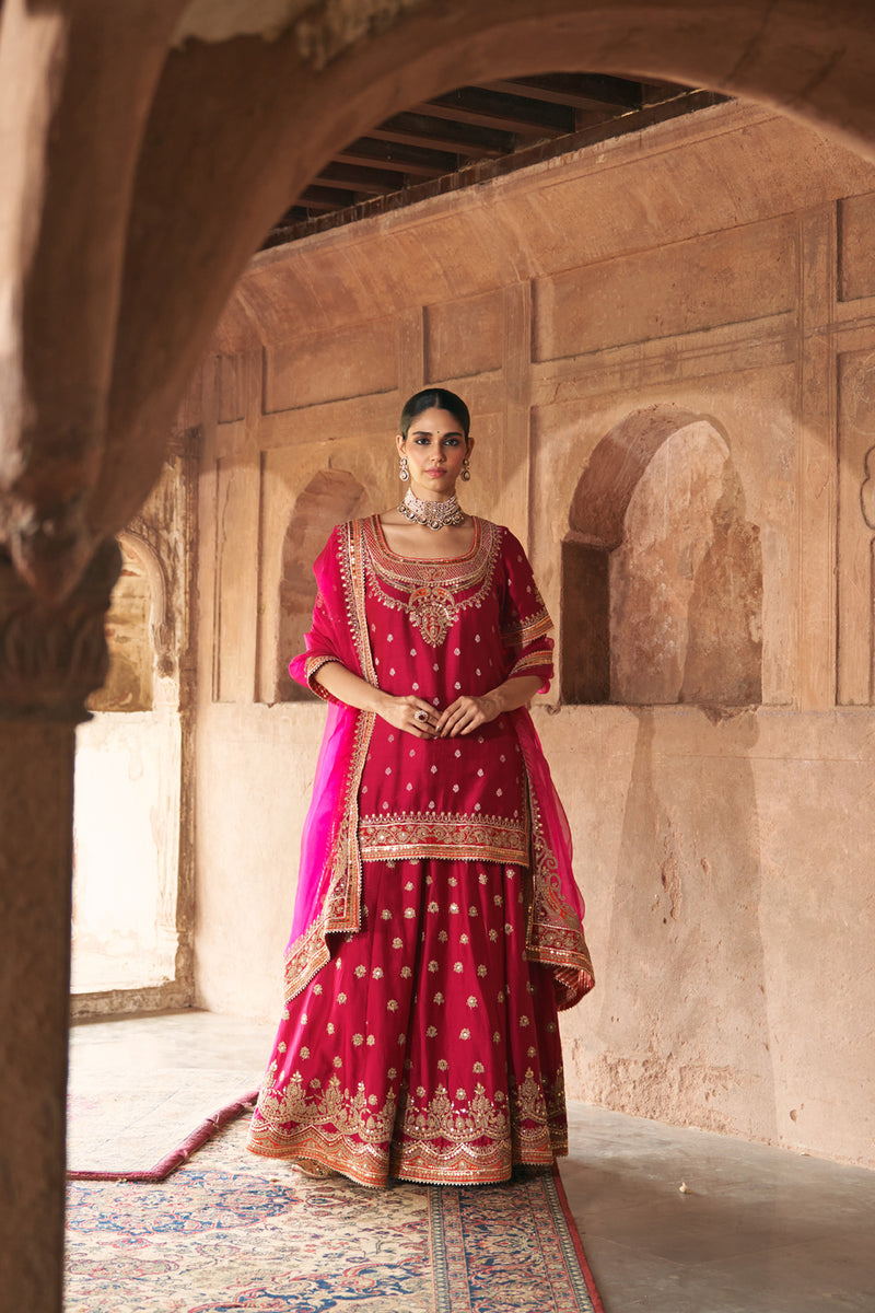 SAMREEN - HOTPINK SHORT KURTA WITH SHARARA AND DUPATTA silk chanderi kurta/kurta set by SHEETAL BATRA in pink for women Worldwide