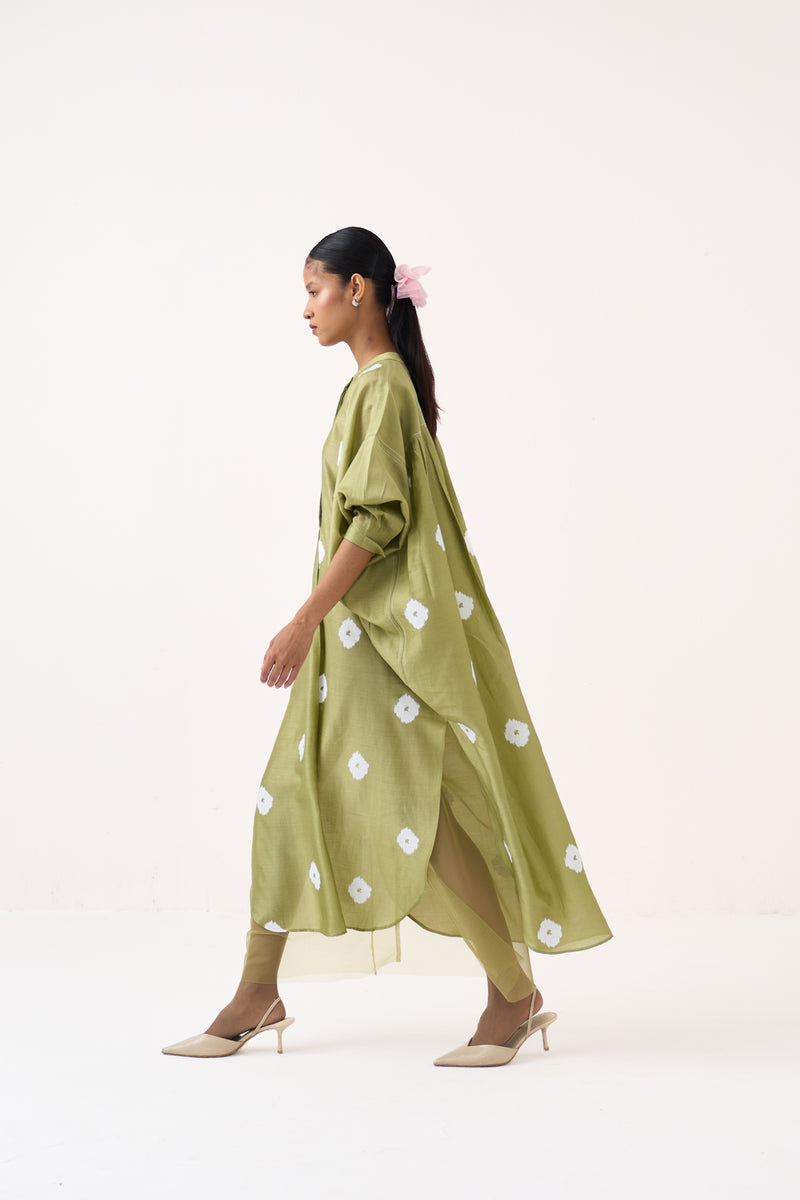 Block Print Bat Sleeve Dress (Slip Included)-Soft Moss chanderi dress by THREE in soft moss for women Worldwide