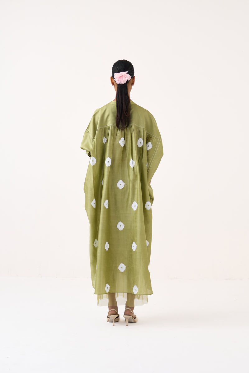 Block Print Bat Sleeve Dress (Slip Included)-Soft Moss chanderi dress by THREE in soft moss for women Worldwide