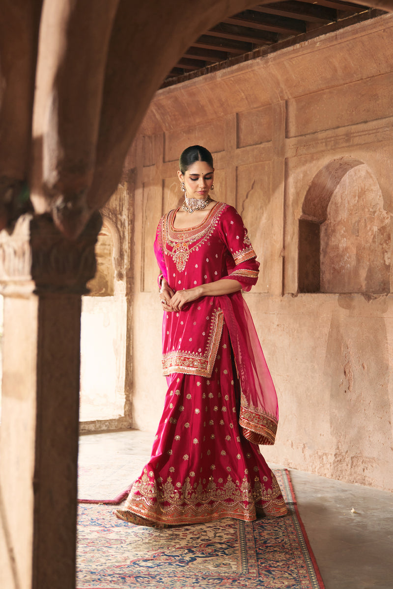 SAMREEN - HOTPINK SHORT KURTA WITH SHARARA AND DUPATTA silk chanderi kurta/kurta set by SHEETAL BATRA in pink for women Worldwide