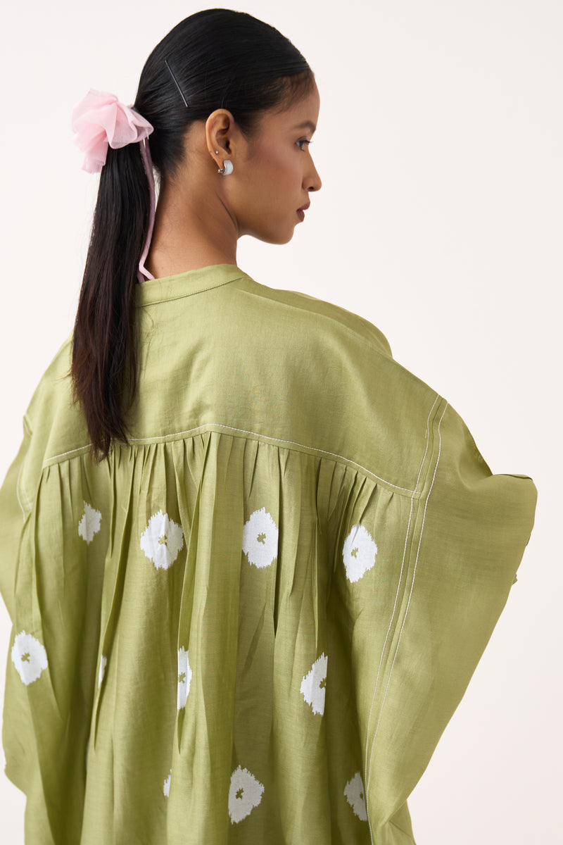 Block Print Bat Sleeve Dress (Slip Included)-Soft Moss chanderi dress by THREE in soft moss for women Worldwide