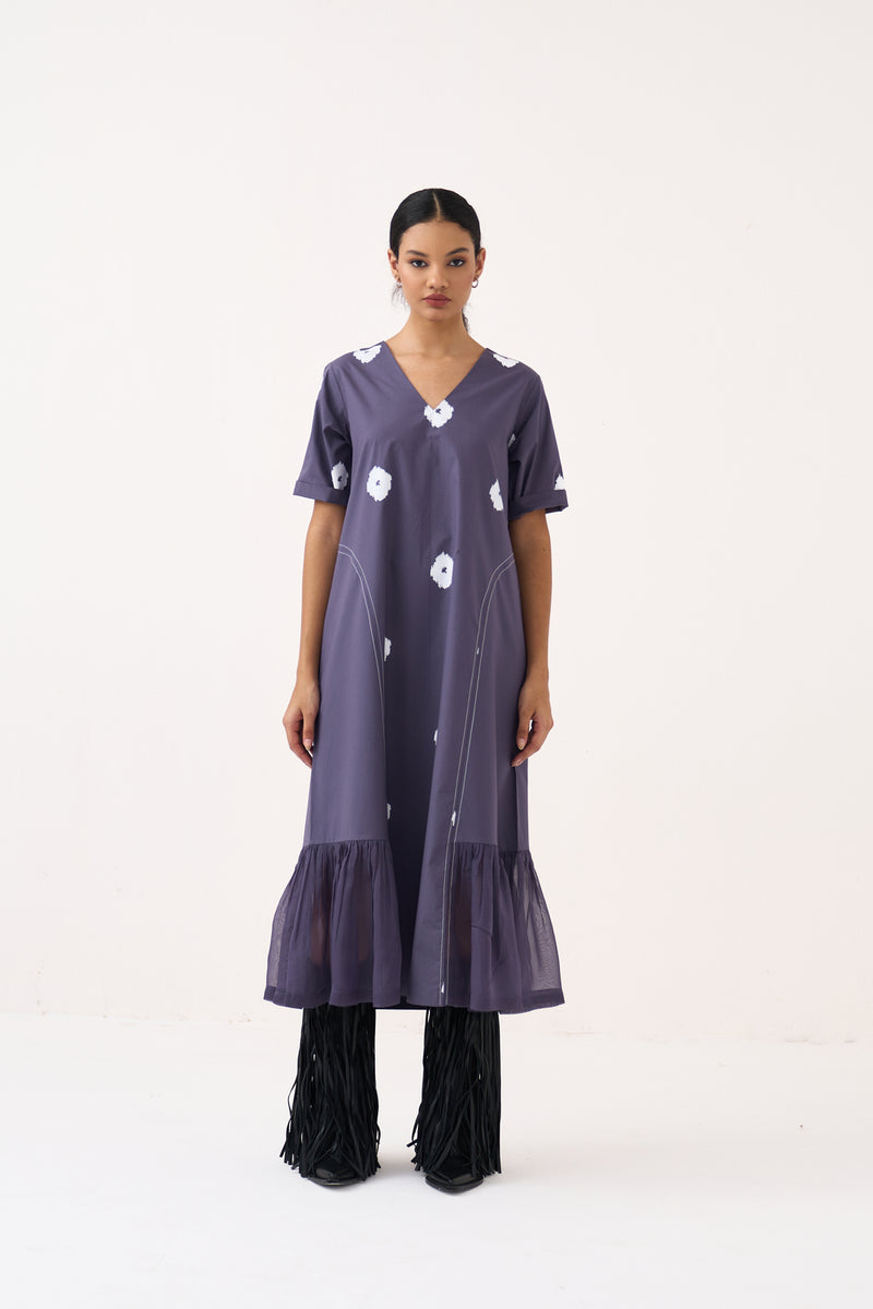 Side U-Gather Block Print Dress-Ash Violet poplin, crepe silk dress by THREE in voilet for women Worldwide