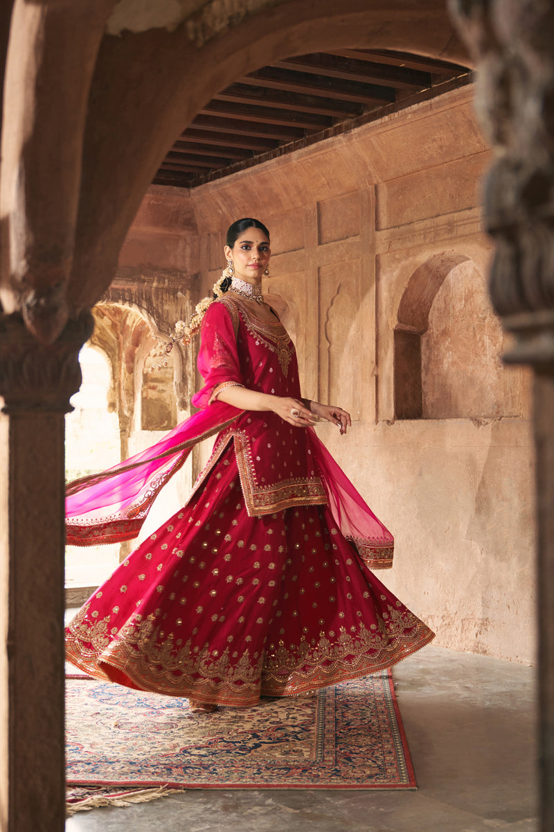 SAMREEN - HOTPINK SHORT KURTA WITH SHARARA AND DUPATTA silk chanderi kurta/kurta set by SHEETAL BATRA in pink for women Worldwide