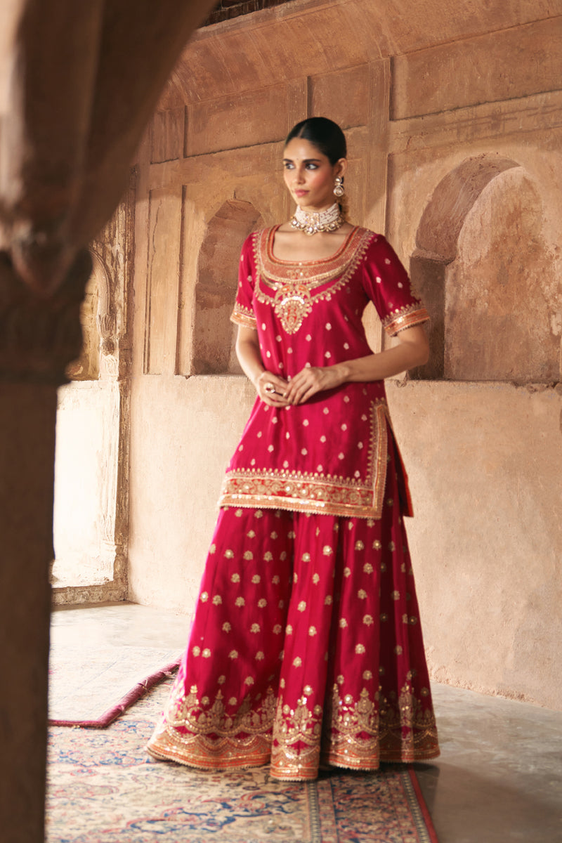 SAMREEN - HOTPINK SHORT KURTA WITH SHARARA AND DUPATTA silk chanderi kurta/kurta set by SHEETAL BATRA in pink for women Worldwide