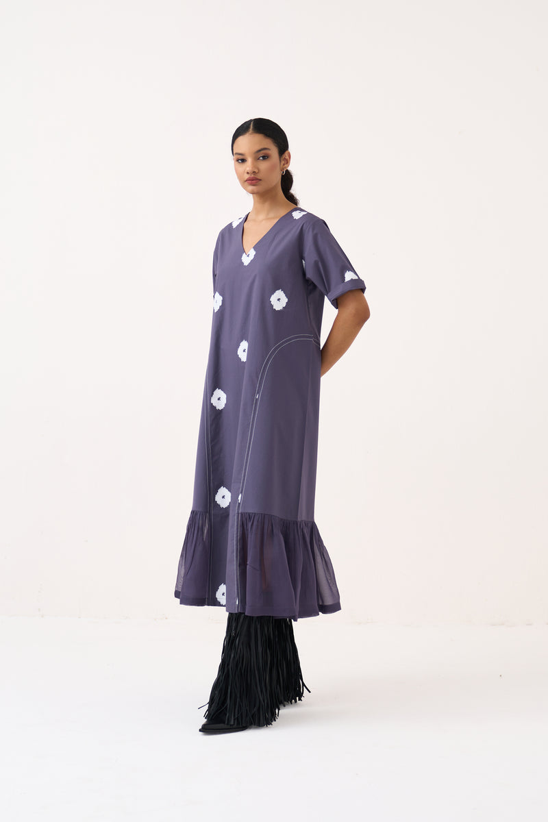 Side U-Gather Block Print Dress-Ash Violet poplin, crepe silk dress by THREE in voilet for women Worldwide