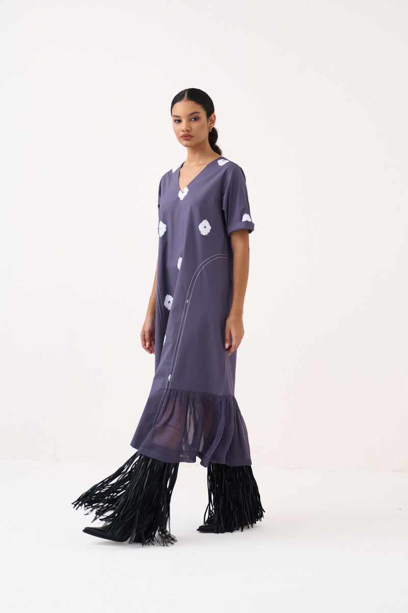 Side U-Gather Block Print Dress-Ash Violet poplin, crepe silk dress by THREE in voilet for women Worldwide