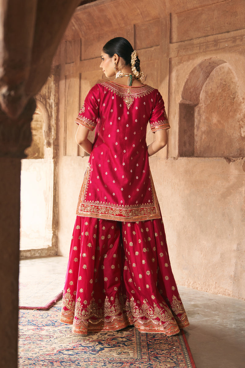 SAMREEN - HOTPINK SHORT KURTA WITH SHARARA AND DUPATTA silk chanderi kurta/kurta set by SHEETAL BATRA in pink for women Worldwide