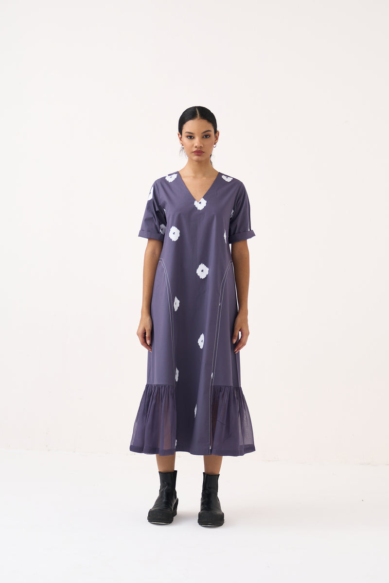 Side U-Gather Block Print Dress-Ash Violet poplin, crepe silk dress by THREE in voilet for women Worldwide