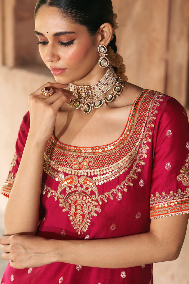SAMREEN - HOTPINK SHORT KURTA WITH SHARARA AND DUPATTA silk chanderi kurta/kurta set by SHEETAL BATRA in pink for women Worldwide