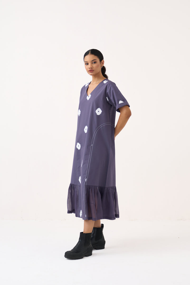 Side U-Gather Block Print Dress-Ash Violet poplin, crepe silk dress by THREE in voilet for women Worldwide
