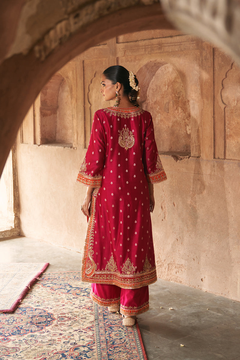 SUMAIRA - HOTPINK LONG KURTA WITH PALAZZO AND DUPATTA silk chanderi kurta/kurta set by SHEETAL BATRA in pink for women Worldwide