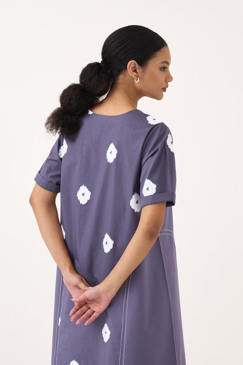 Side U-Gather Block Print Dress-Ash Violet poplin, crepe silk dress by THREE in voilet for women Worldwide