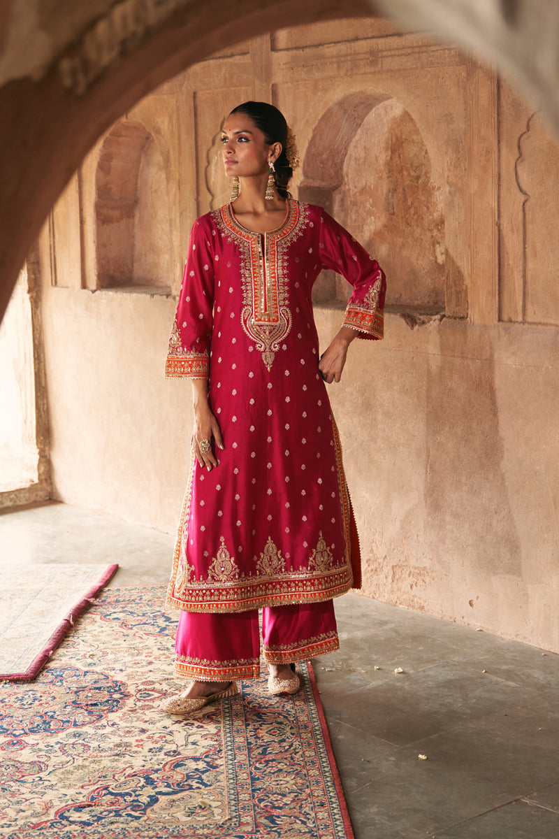 SUMAIRA - HOTPINK LONG KURTA WITH PALAZZO AND DUPATTA silk chanderi kurta/kurta set by SHEETAL BATRA in pink for women Worldwide