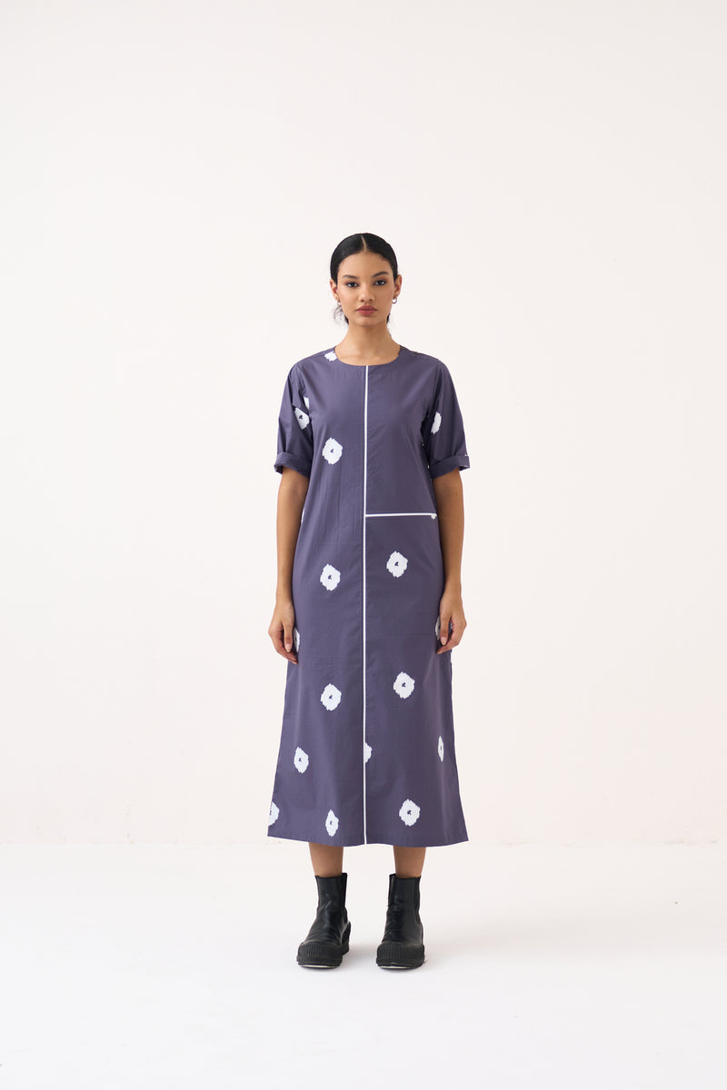 Block Print Back Pleat Dress-Ash Violet poplin dress by THREE in voilet for women Worldwide