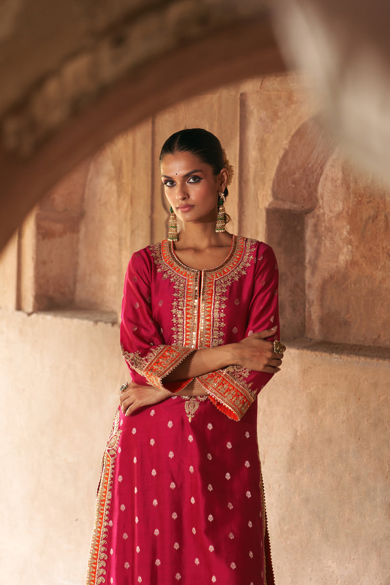 SUMAIRA - HOTPINK LONG KURTA WITH PALAZZO AND DUPATTA silk chanderi kurta/kurta set by SHEETAL BATRA in pink for women Worldwide