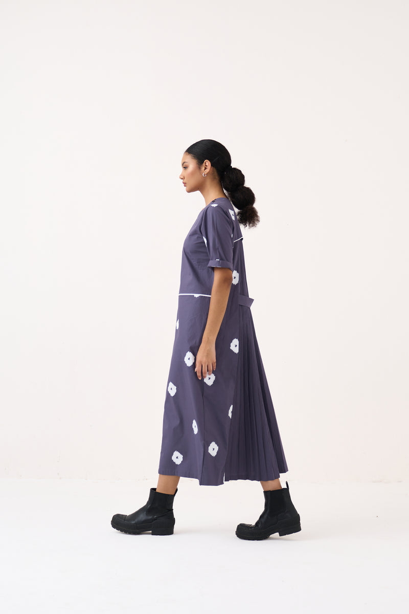 Block Print Back Pleat Dress-Ash Violet poplin dress by THREE in voilet for women Worldwide