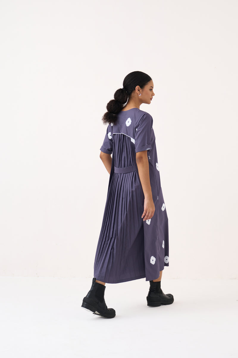 Block Print Back Pleat Dress-Ash Violet poplin dress by THREE in voilet for women Worldwide