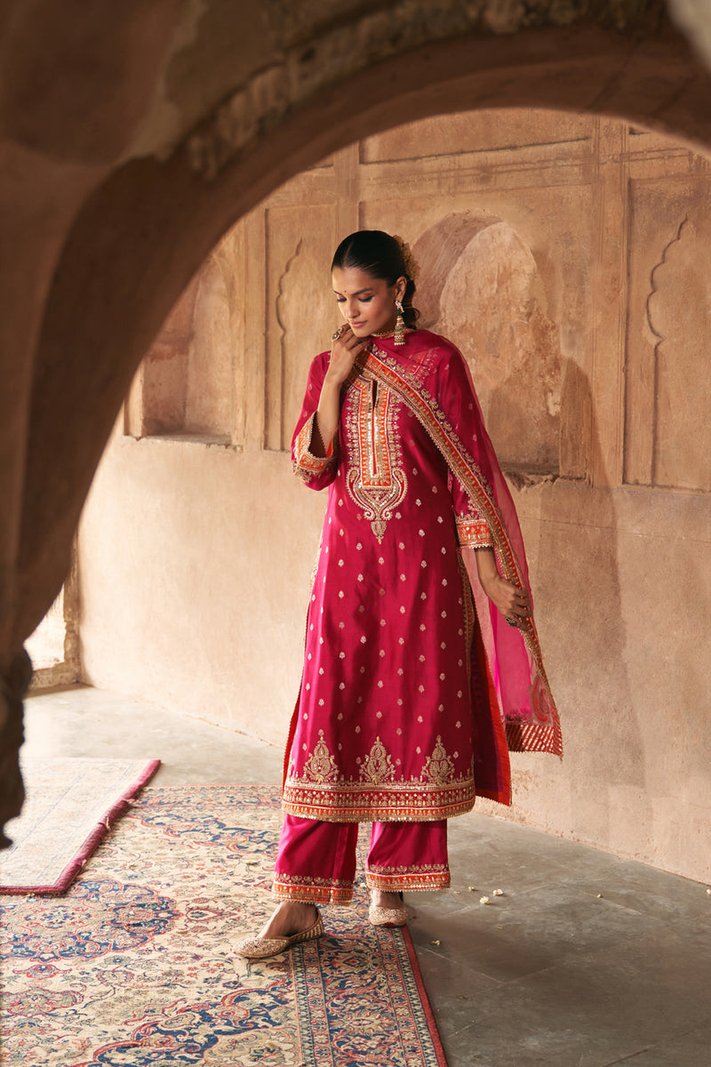 SUMAIRA - HOTPINK LONG KURTA WITH PALAZZO AND DUPATTA silk chanderi kurta/kurta set by SHEETAL BATRA in pink for women Worldwide