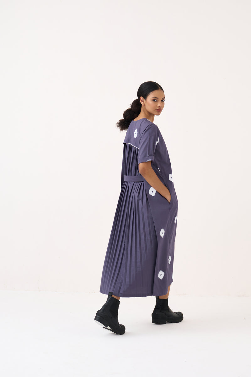 Block Print Back Pleat Dress-Ash Violet poplin dress by THREE in voilet for women Worldwide